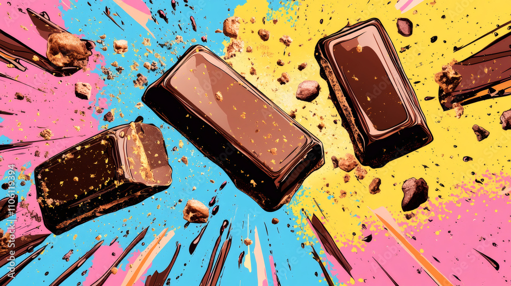 Poster Vibrant and energetic scene: chocolate bars exploding against a colorful pop art backdrop with cookie crumbs