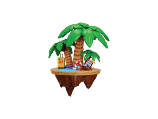 Obraz premium 3d small island with suitcase, palm tree, beach chair and Floating lifebuoy icon 3d Render concept of Travel icon design, Holiday or vacation Transportation