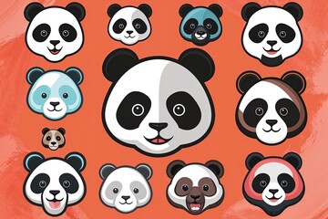 Naklejka premium Colorful Cartoon Panda Head Icons Playful Wildlife Art Collection in Bold Illustration Style