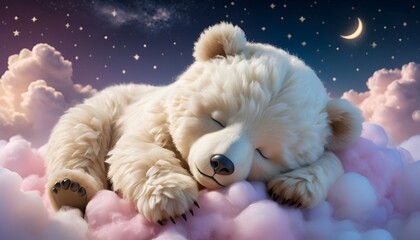 cute bear sleeping on a cloud in a peaceful dreamy sky for use in branding campaigns related to relaxation, nature, or baby products