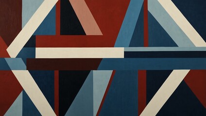 Geometric design with blue, red, and white shapes.