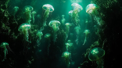 Obraz premium A mesmerizing swarm of glowing jellyfish drifting in the dark ocean, their bioluminescent hues creating an ethereal and captivating underwater scene.