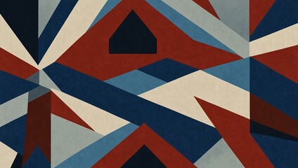 Geometric design with blue, red, and white shapes.
