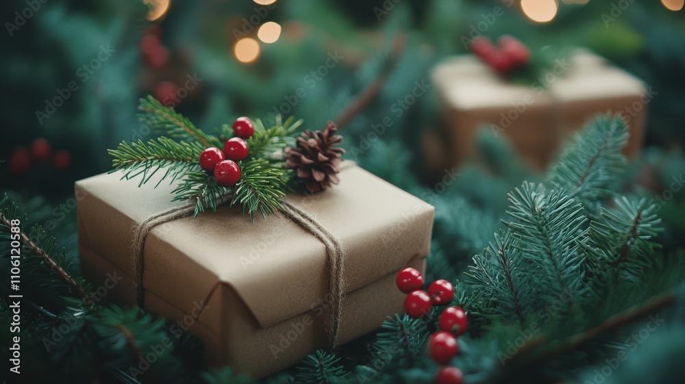 Wall mural Recycling during festive seasons promotes sustainability. A close-up shot of a rustic Christmas shopping cart filled with festive items.