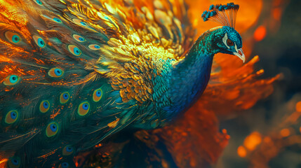 Fototapeta premium This stunning image showcases a peacock with radiant plumage highlighting its intricate patterns and vivid colors in a captivating natural setting