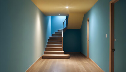 A long, narrow hallway with a stone wall on one side, illuminated by warm, yellow lighting. The hallway leads to a staircase at the end