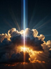 Geometric prism emerging from a cloud with beams of light.