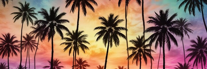 Obraz premium Colorful palm tree silhouette pattern on watercolor backdrop, plants, tropical, summer, abstract, silhouette