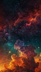Geometric shapes with nebula textures in a fiery sky.