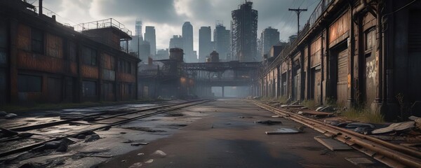 Fototapeta premium Dark and gritty urban landscape with rusty metal textures, background, weathered, urban