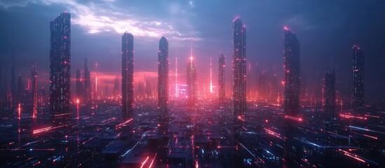 Futuristic city skyline with glowing neon lights and tall skyscrapers at sunset.