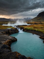 Obraz premium Geothermal hot spring in Iceland’s rugged landscape.