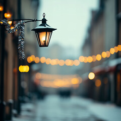 Festive tinsel illuminates bright atmosphere on a charming street in winter creating a magical...