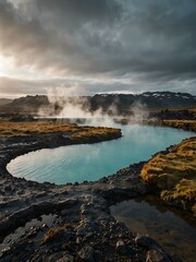 Obraz premium Geothermal hot spring in Iceland’s rugged landscape.