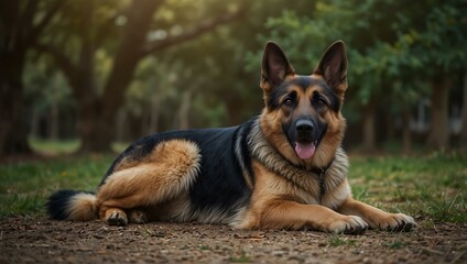 German Shepherd dog lying down, calm and serene.
