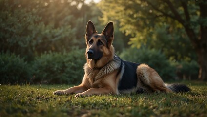 Naklejka premium German Shepherd dog lying down, calm and serene.
