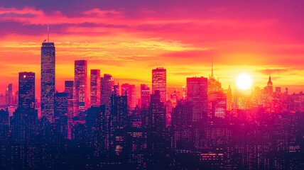Silhouette of towering skyscrapers set against a breathtaking fiery orange and pink sunset, capturing the beauty of an urban cityscape at dusk.