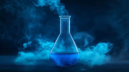 A glass chemical flask with blue smoking liquid on a dark background
