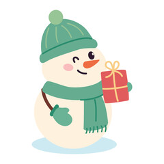 Cute snowman with a gift in his hand. Vector illustration.