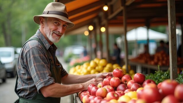 An elderly man in a hat wears a plaid shirt, happily arranging red apples on a market stall. Colorful fruits and vegetables surround him, creating a vibrant atmosphere - Powered by Adobe