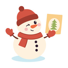 Cute snowman with a gift in his hand. Vector illustration.
