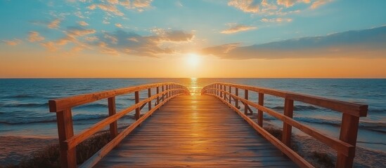 Obraz premium Wooden pier stretching into the ocean during a sunset.