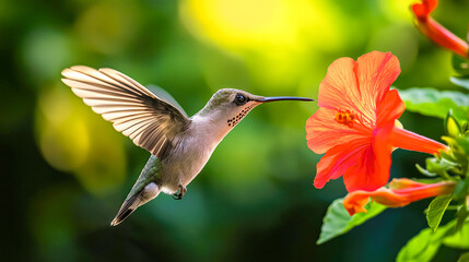Naklejka premium A stunning hummingbird hovers gracefully near a bright orange flower showcasing its delicate beauty and the vibrant colors of nature in perfect harmony