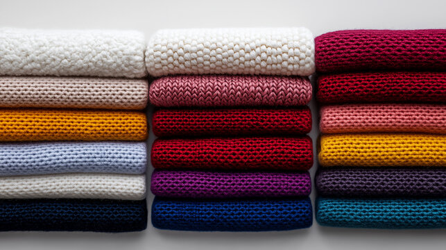 Textile Febric Display: Cozy Stack of Colorful Knit Blankets in Soft Wool on White Background