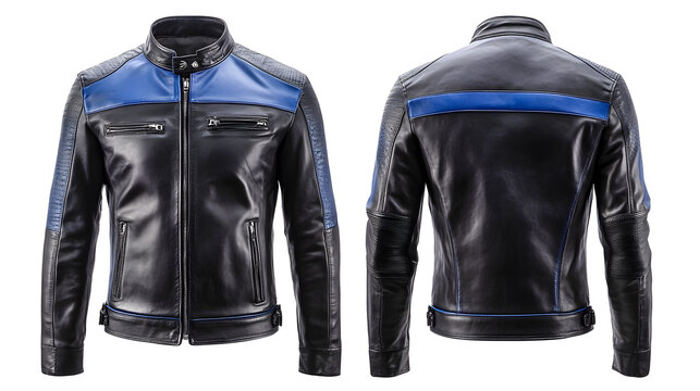 Men's black leather jacket front and back views