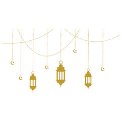 Islamic decoration with hanging golden lanterns, stars, and moon. Symbols of Ramadan Mubarak, Hanging Gold Lanterns, arabic lamps, lanterns moon, star, art vector and illustration.