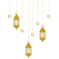 Islamic decoration with hanging golden lanterns, stars, and moon. Symbols of Ramadan Mubarak, Hanging Gold Lanterns, arabic lamps, lanterns moon, star, art vector and illustration.