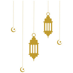 Islamic decoration with hanging golden lanterns, stars, and moon. Symbols of Ramadan Mubarak, Hanging Gold Lanterns, arabic lamps, lanterns moon, star, art vector and illustration.