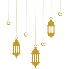 Islamic decoration with hanging golden lanterns, stars, and moon. Symbols of Ramadan Mubarak, Hanging Gold Lanterns, arabic lamps, lanterns moon, star, art vector and illustration.