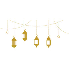 Islamic decoration with hanging golden lanterns, stars, and moon. Symbols of Ramadan Mubarak, Hanging Gold Lanterns, arabic lamps, lanterns moon, star, art vector and illustration.