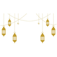 Islamic decoration with hanging golden lanterns, stars, and moon. Symbols of Ramadan Mubarak, Hanging Gold Lanterns, arabic lamps, lanterns moon, star, art vector and illustration.