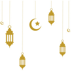 Islamic decoration with hanging golden lanterns, stars, and moon. Symbols of Ramadan Mubarak, Hanging Gold Lanterns, arabic lamps, lanterns moon, star, art vector and illustration.