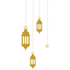Islamic decoration with hanging golden lanterns, stars, and moon. Symbols of Ramadan Mubarak, Hanging Gold Lanterns, arabic lamps, lanterns moon, star, art vector and illustration.