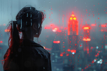 a girl looking through a window covered with raindrops at the night city. 