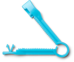 blue disposable umbilical cord clamp isolated white background, medical device use to clamp the umbilical cord shortly after a baby is born