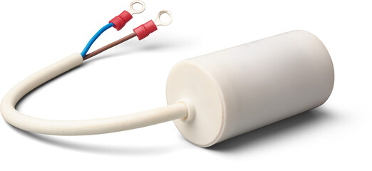 cylindrical capacitor with metal terminals isolated white background, used in single phase ac...