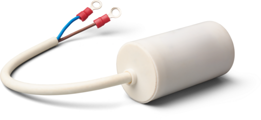 cylindrical capacitor with metal terminals isolated white background, used in single phase ac induction motor, mockup template