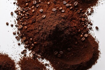 Coffee Grounds Texture Close-Up on White Background Isolated Beverage Residue
