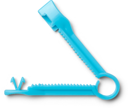 blue disposable umbilical cord clamp isolated white background, medical device use to clamp the umbilical cord shortly after a baby is born