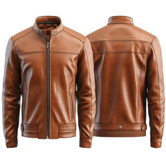 Men's brown leather jacket front and back views