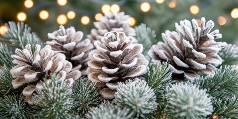 Close-up of frosted pinecones nestled among evergreen branches, twinkling fairy lights casting a warm glow in the background