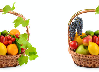Set of vegetables and fruits in wicker basket isolated on white. Free space for text. Collage.