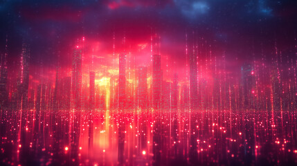 Obraz premium Vibrant sunset over futuristic cityscape with glowing lights and colorful sky in a digital realm. Generative AI