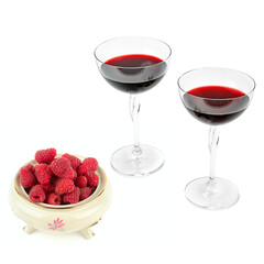 Raspberries in a vintage porcelain bowl and raspberry juice in a glasses isolated on a white. Collage. Free space for text.