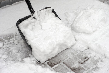 A shovel full of snow in a backyard.