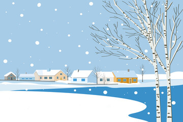 Winter village rural landscape. Landscape of snow-covered village houses among snowdrifts and trees in snowy weather. Winter rural day vector illustration.